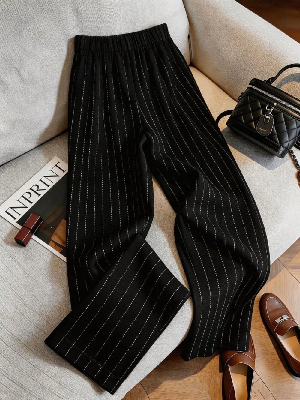 Black Casual Women's Striped Pants - Picture 2 of 4